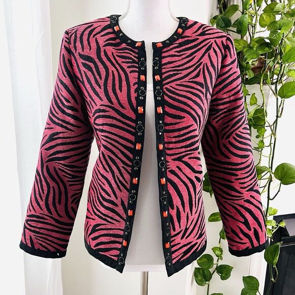 Alfred Dunner Petite Pink & Black Animal Stripe Beaded Open Blazer Jacket Size L - Picture 1 of 8